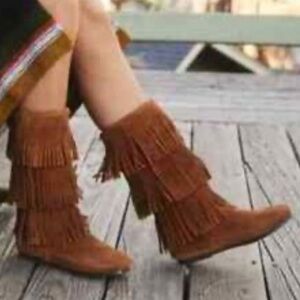 Minnetonka Chestnut Brown 3 Layer Fringe Boots Southwestern Rodeo Festival Boho